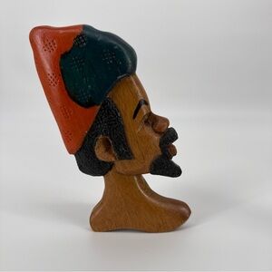 Vintage Jamaican Handcrafted Wooden Bust Folk Art Wall Decor with Red Green Hat